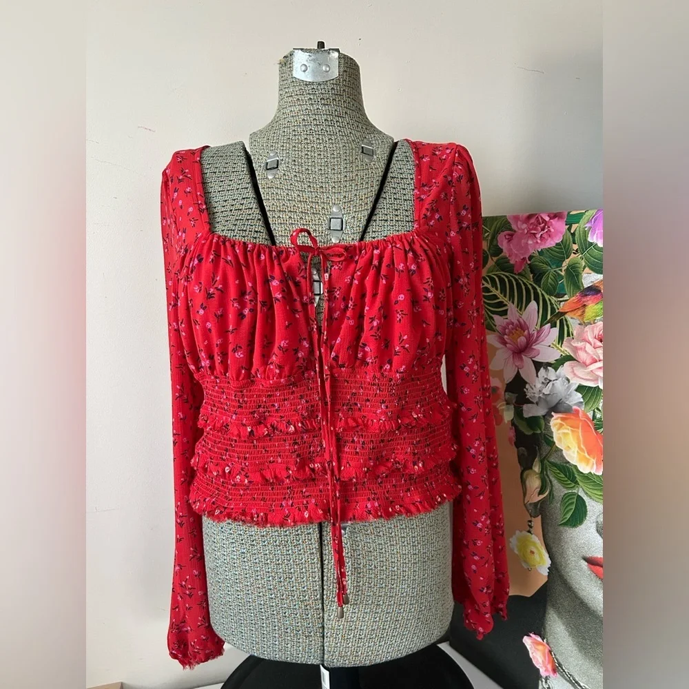 FREE PEOPLE Lolita Red Floral Print Ruffled Crop Top. Sz. L